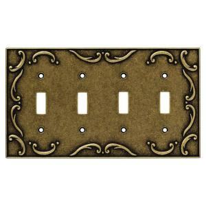 Liberty French Lace 4 Gang Toggle Switch Wall Plate - Burnished Antique Brass - 126383