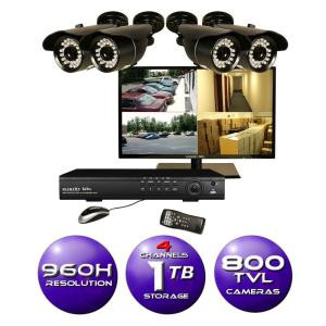 SecurityLabs 4-Channel 960H Surveillance System with 1TB HDD and (4) 800TVL Cameras and 19 in. LED HD Monitor - SLM469