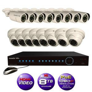 SecurityLabs 16CH High Definition 1080P IP POE-NVR Surveillance System with 8TB Hard Drive, 8 Weatherproof Bullet and 8 Dome Cameras - SLM7225