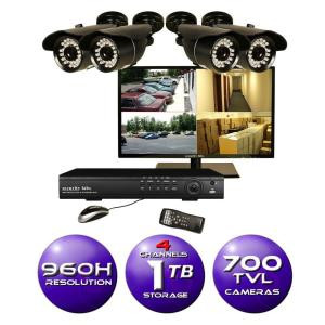 SecurityLabs 4-Channel 960H Surveillance System with 1TB HDD, (4) 700TVL Cameras and 19 in. LED HD Monitor - SLM469-700