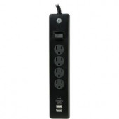 GE 3 ft. 4-Outlet and 2-USB Port, 1.0-Amp, 450 Joules Surge Protector - Black - 13478