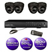 SecurityLabs 4-Channel 960H Surveillance System with 500GB HDD and (4) 800 TVL Dome Cameras - SLM454